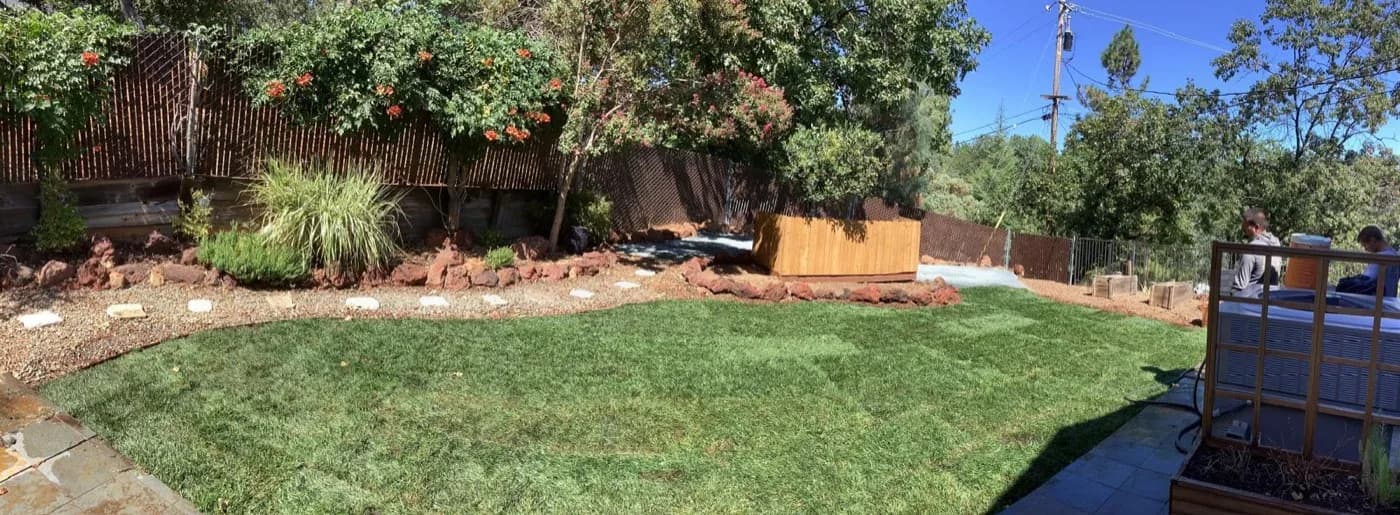 Finished back lawn edged with volcanic rock against a fence line