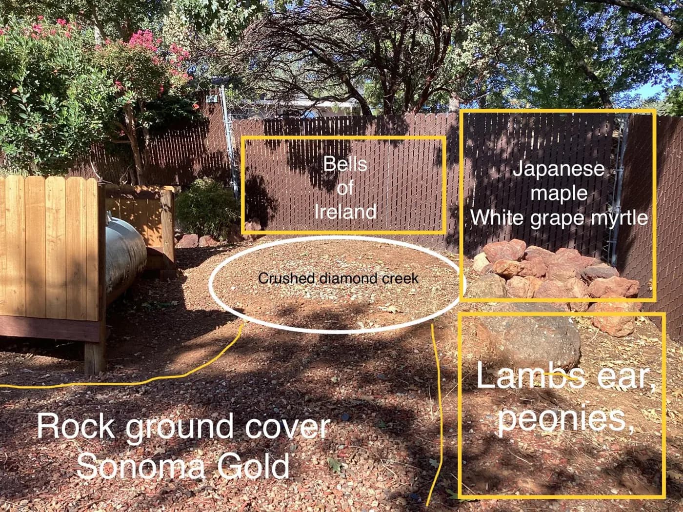 Planting plan we marked up on site with plant names and ground cover called out