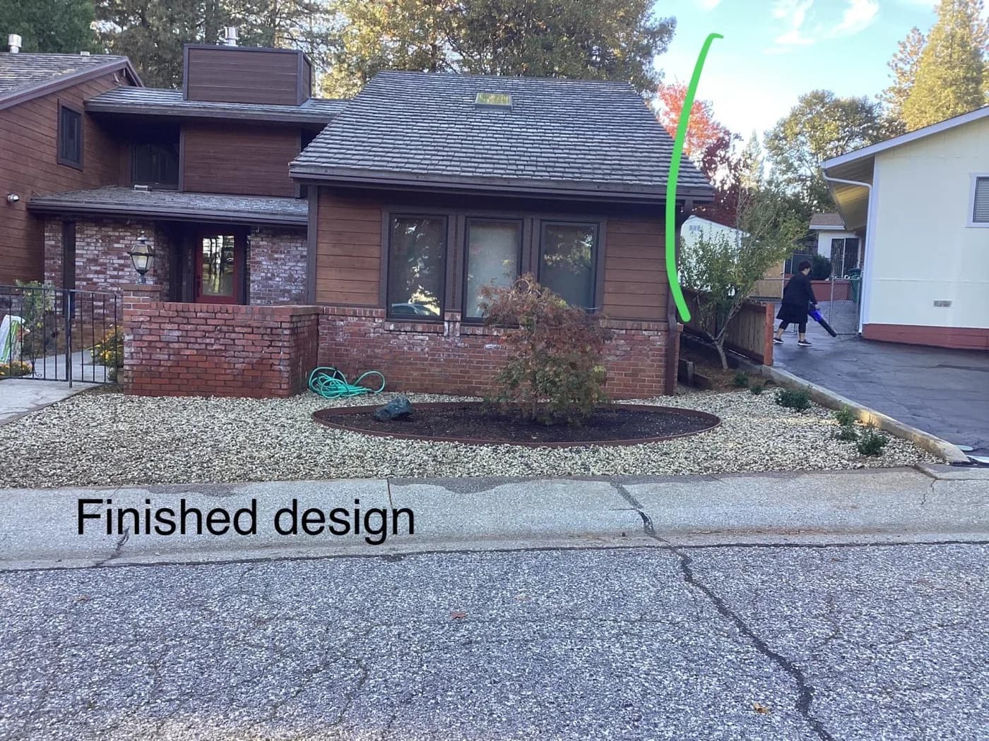 Low-water front yard design we finished with gravel ground cover and young shrubs