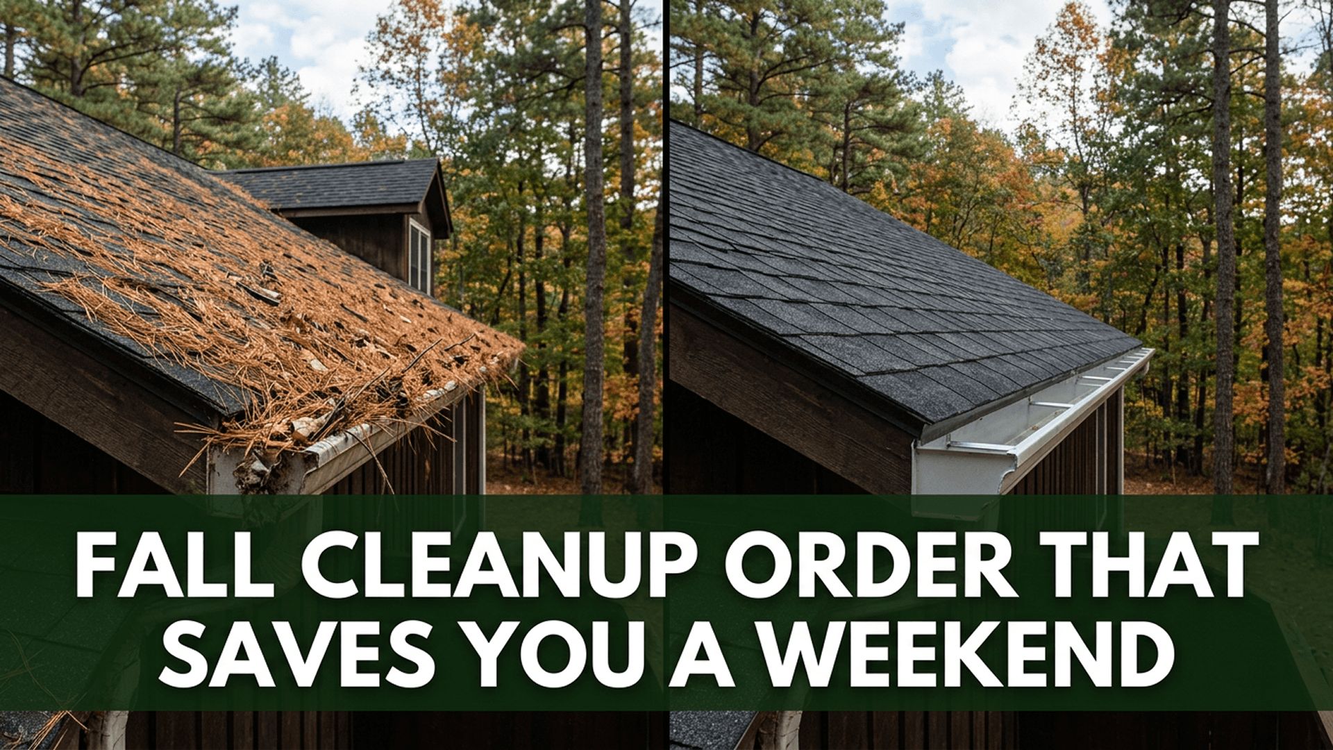 Fall yard cleanup underway at a Nevada County foothill home, with pine needles raked and the roof cleared.