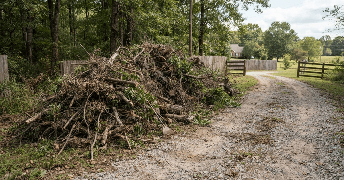 A large pile of cut brush and limbs stacked at the end of a gravel driveway, waiting to be removed