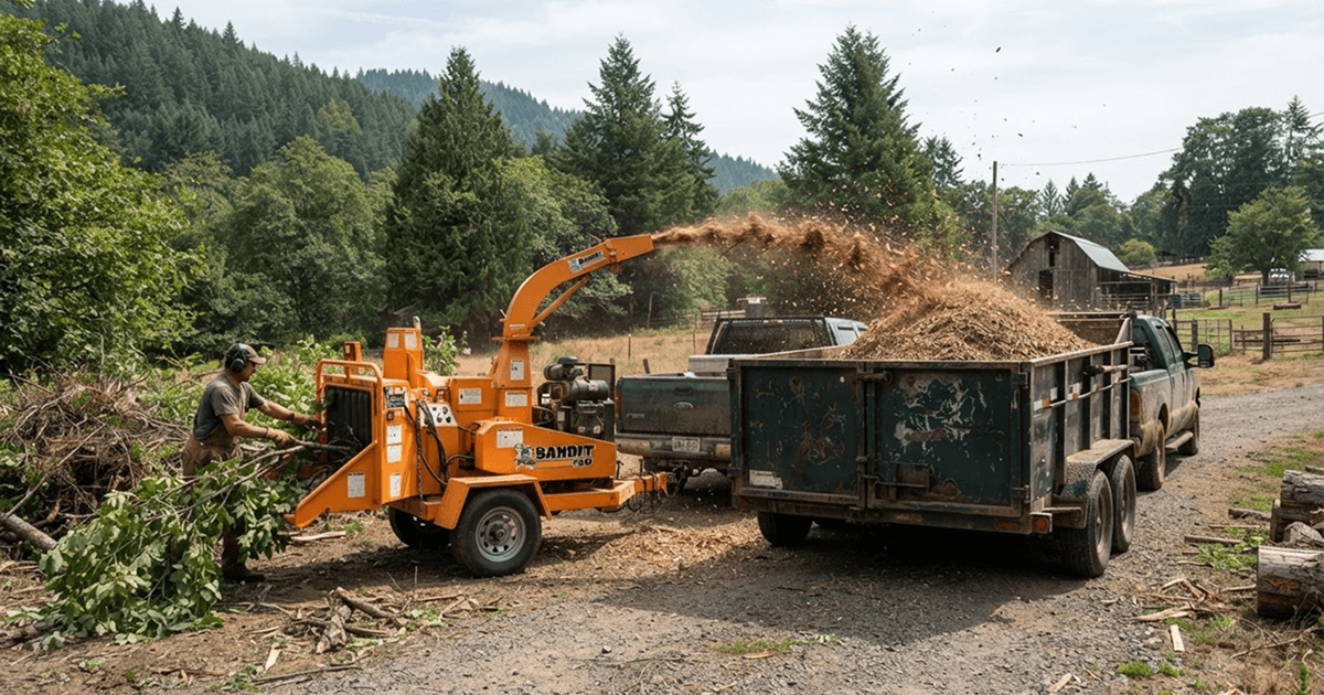 Wood chips shooting from a chipper chute into a dump trailer on a rural foothills property