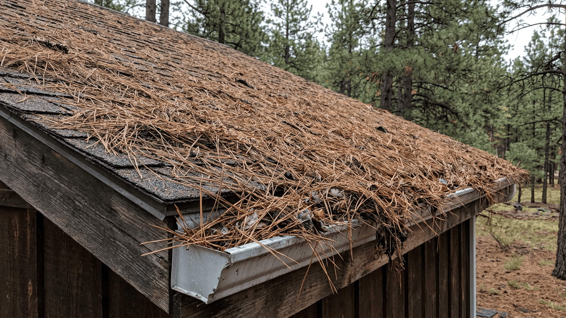 A roof covered in pine needles with gutters visibly packed full, before any clearing
