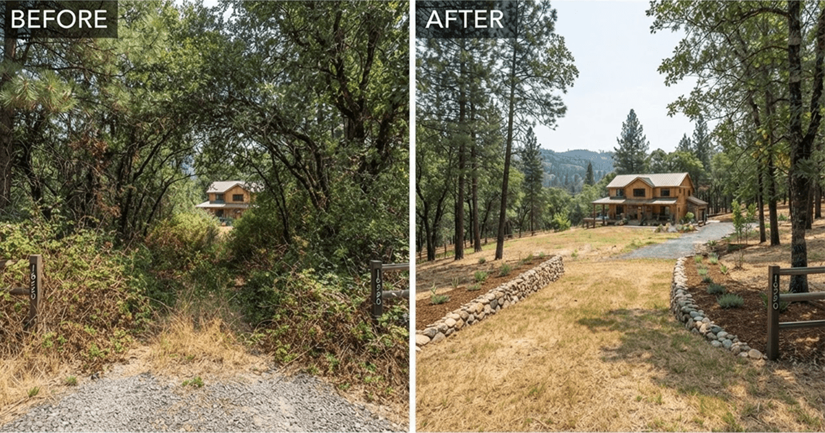 Side by side before and after of the same property, overgrown brush and crowded trees on one side, cleared open ground on the other