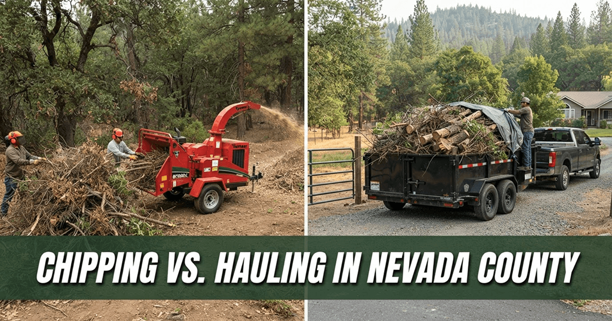 Brush chipper and dump trailer parked beside a pile of cleared brush at a wooded home in Nevada County, CA.